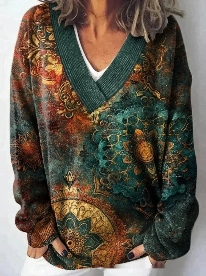 Women's floral pattern V-neck sweatshirt with 3D effect design in art retro style