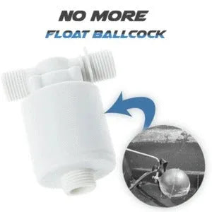 White automatic nylon float valve with threaded connection for water tank level control.