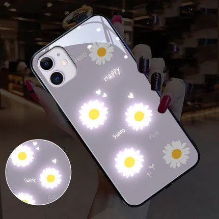 Luminous phone case with painted white daisy design and voice-activated colour light for Apple iPhone protection