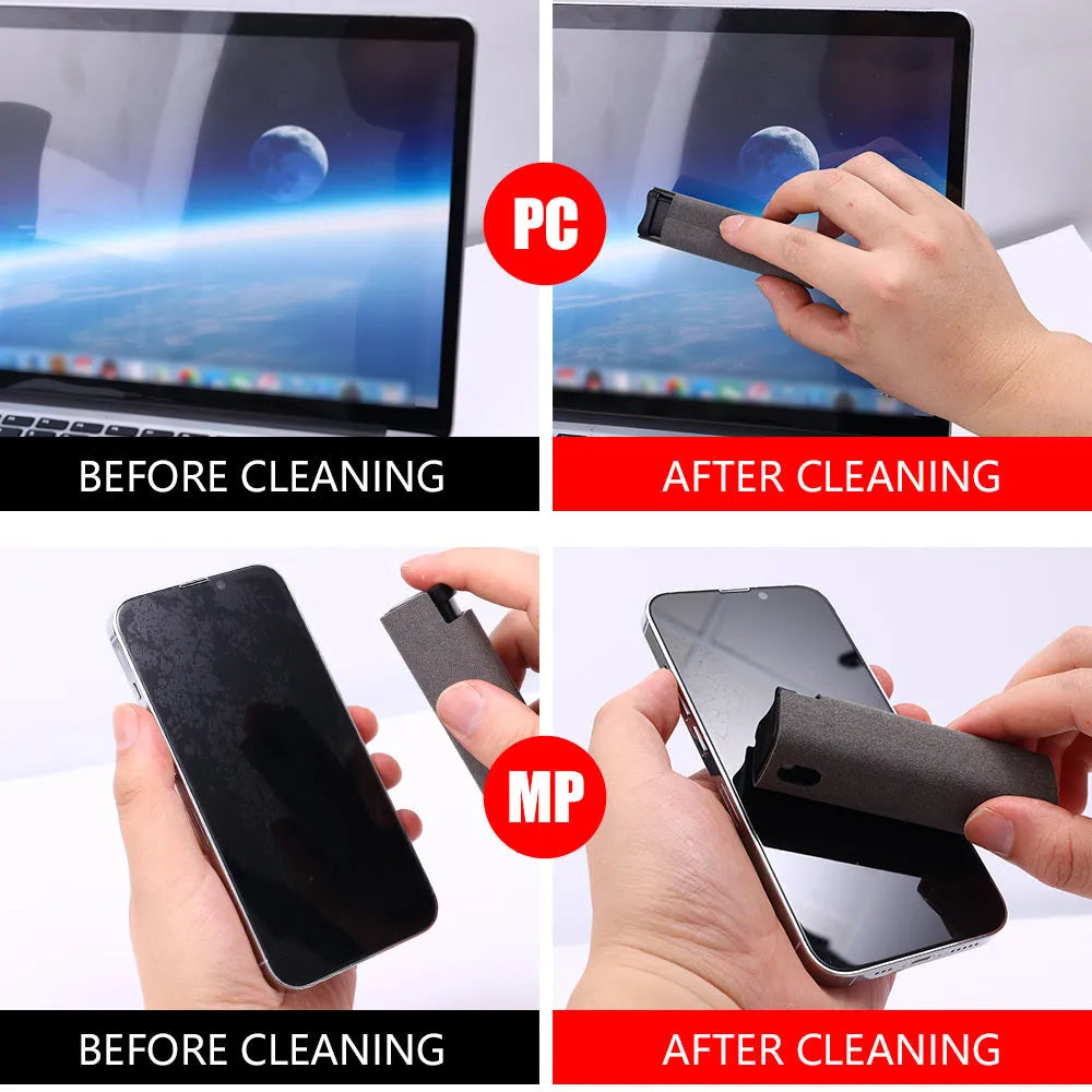 Portable screen cleaner kit with spray bottle and microfiber wipe for electronic displays