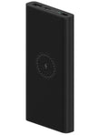 White or black 10000mAh power bank with USB Type-C port and wireless charging surface