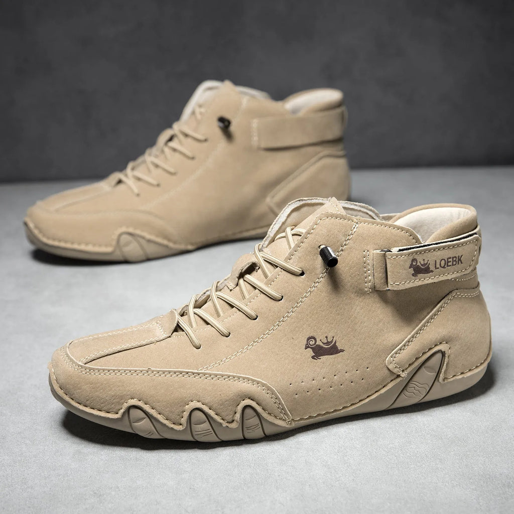 Men's brown high-top Octopus Martin boots with round toe, flat heel, and rubber sole