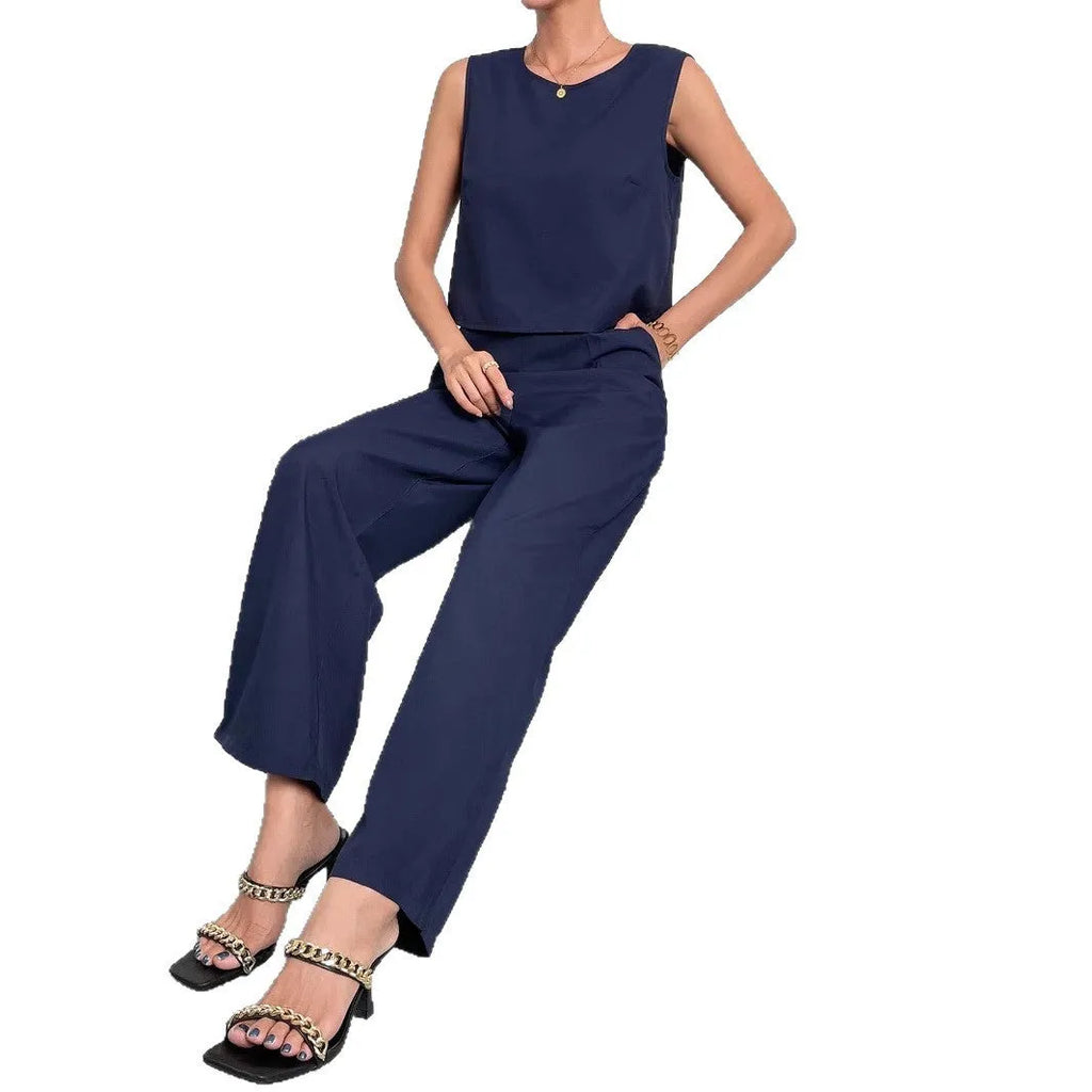 Red or navy blue sleeveless top and wide leg pants two-piece set in 100% polyester fabric
