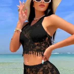 Women's white two-piece swimsuit with tassel beach cover-up skirt for swimming sports
