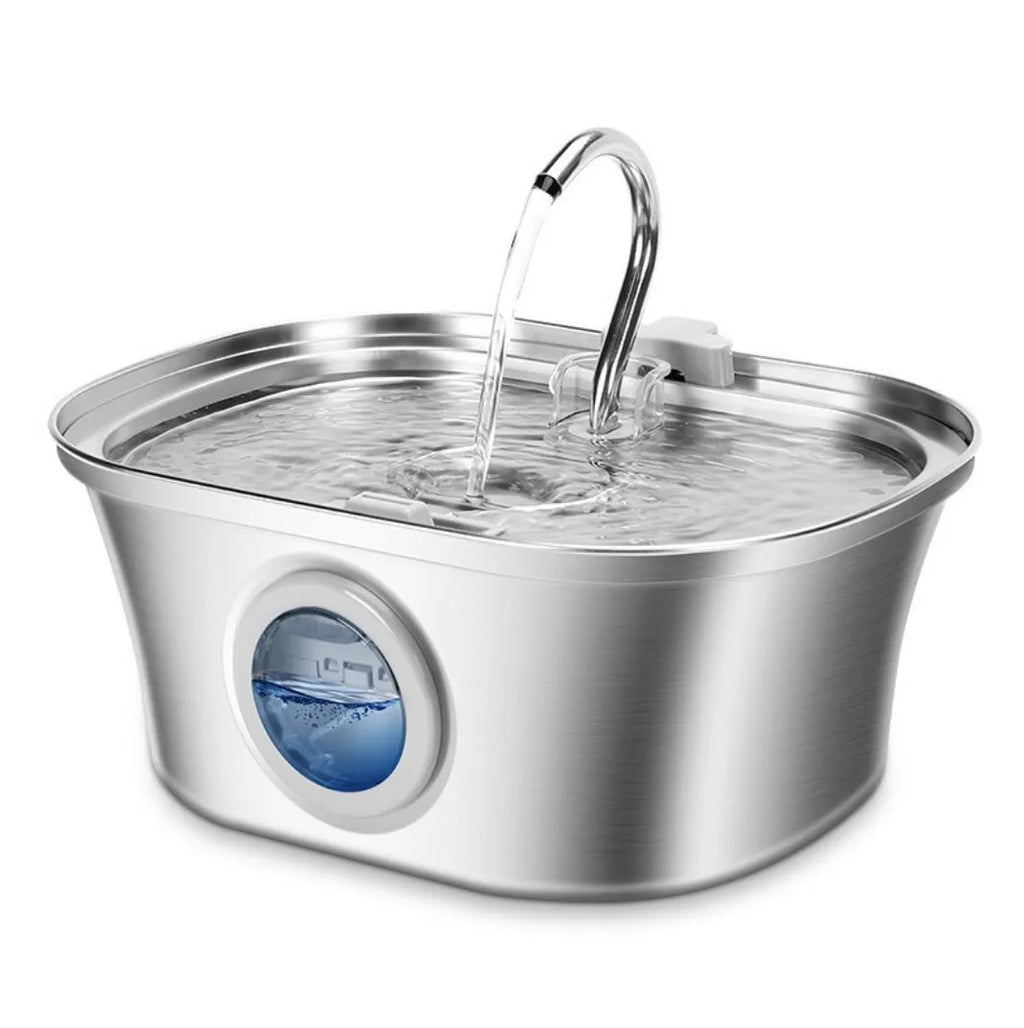 Stainless steel pet water dispenser with runway design and automatic refill system