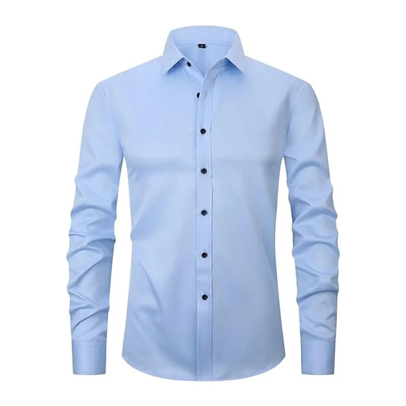 Men's stretch long sleeve work shirt in polyester fabric, showing size range and colour styles like 2-706