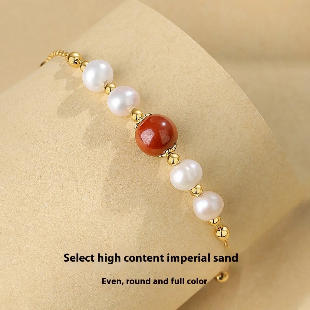 Yellow 925 silver red bean pearl cinnabar bracelet with adjustable sizing for women