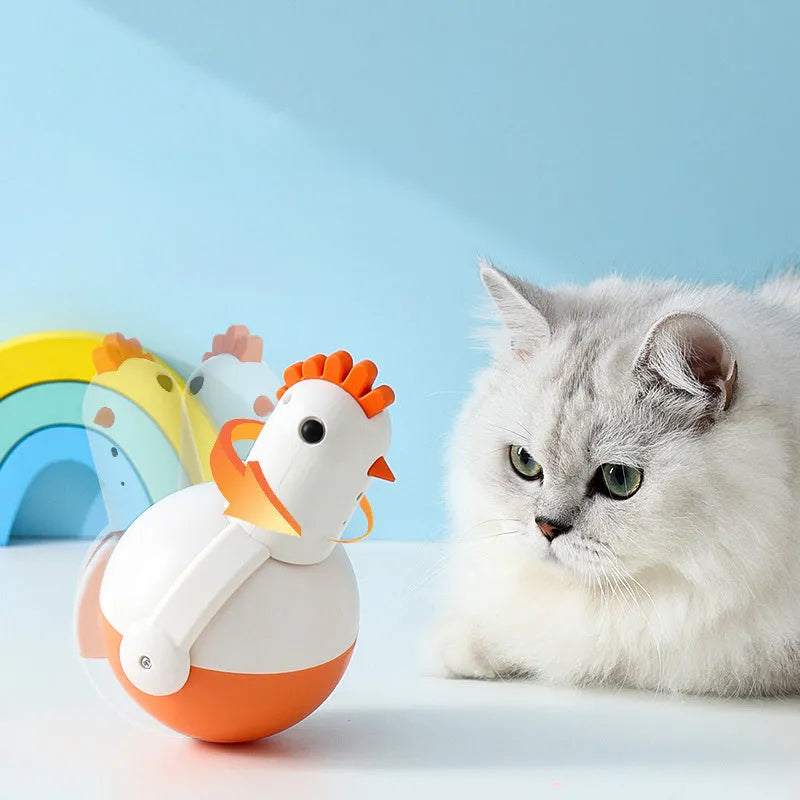 Green and orange electric cat toy chicken with infrared sensor and self-balancing base.