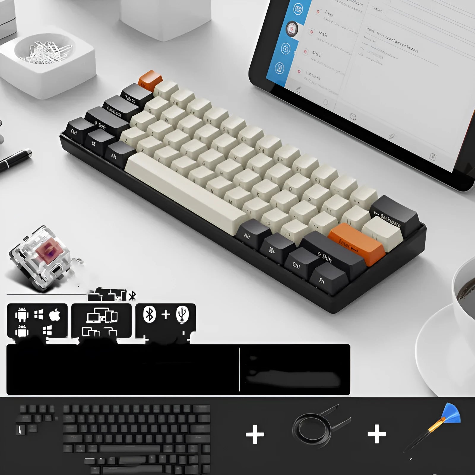 RK61 wireless mechanical keyboard with carrying belt showing dual connectivity options