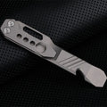Titanium multi-function crowbar tool with screwdriver tip and bottle opener, shown in stone wash and gun grey finishes.