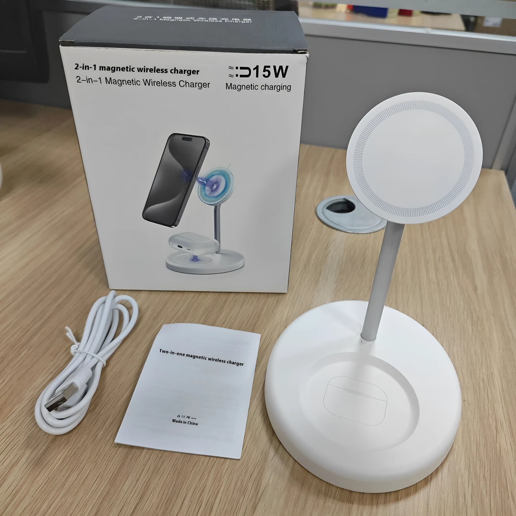 Vertical wireless charger with cooling holes showing smartphone charging in upright position