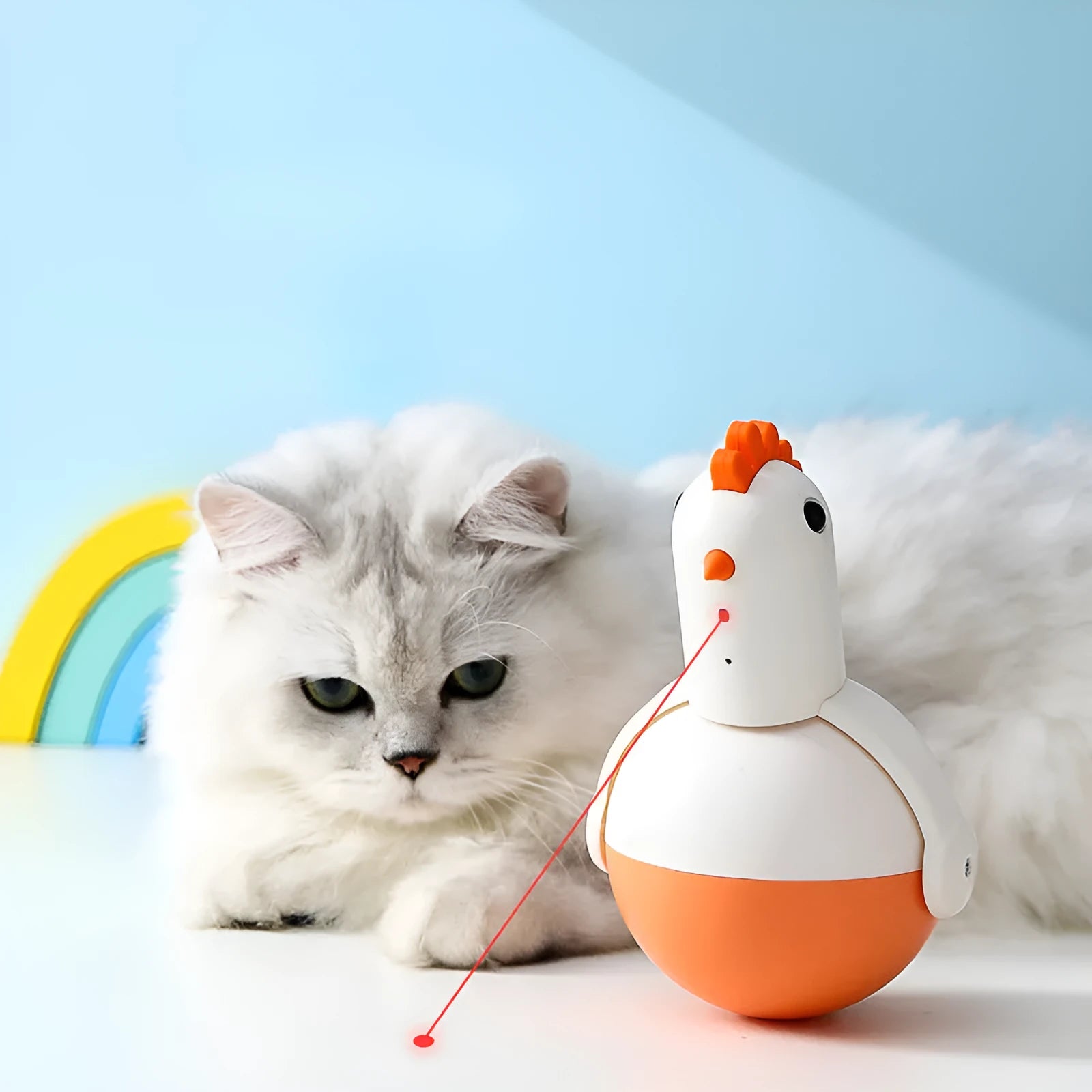 Green and orange electric cat toy chicken with infrared sensor and self-balancing base.