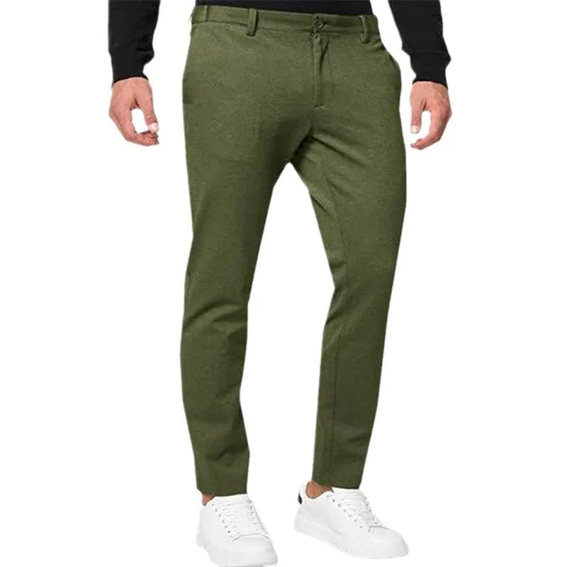 Men's slim-fit tapered chino trousers in a stretch cotton blend fabric, shown in a solid colour.