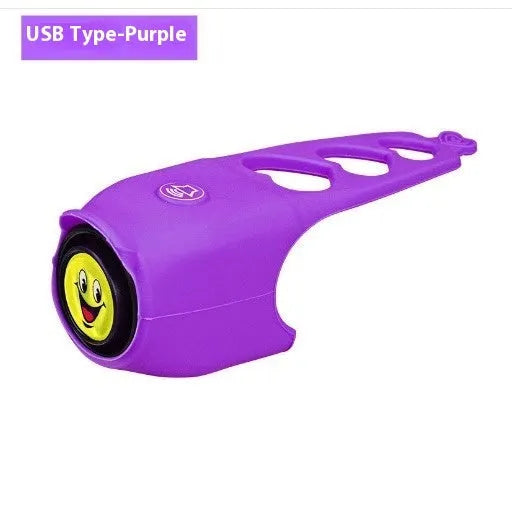 Electronic bicycle horn in multiple colours showing compact plastic design for handlebar mounting.