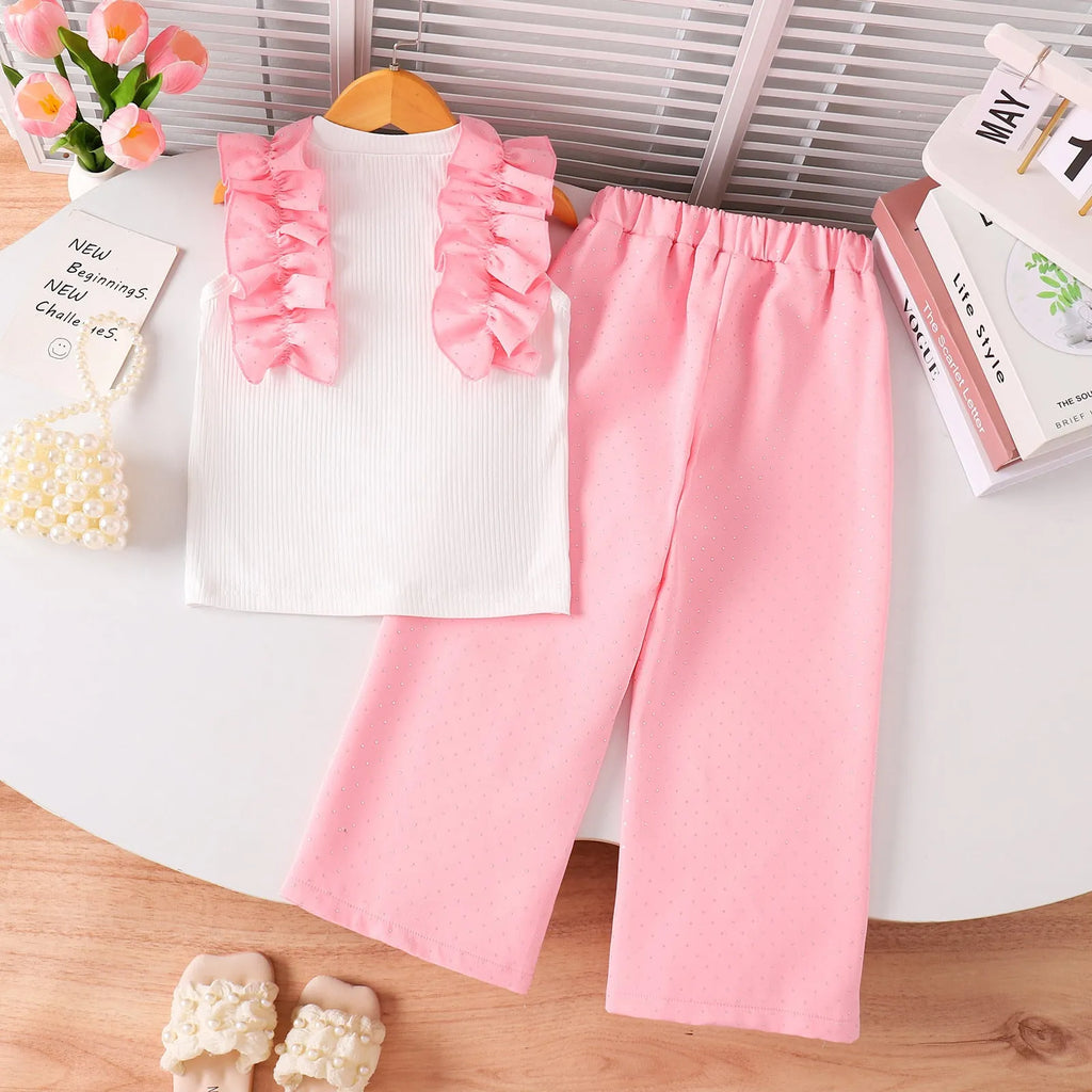 White cotton two-piece children's set with sleeveless bow top and pants, sizes 4Y to 7Y