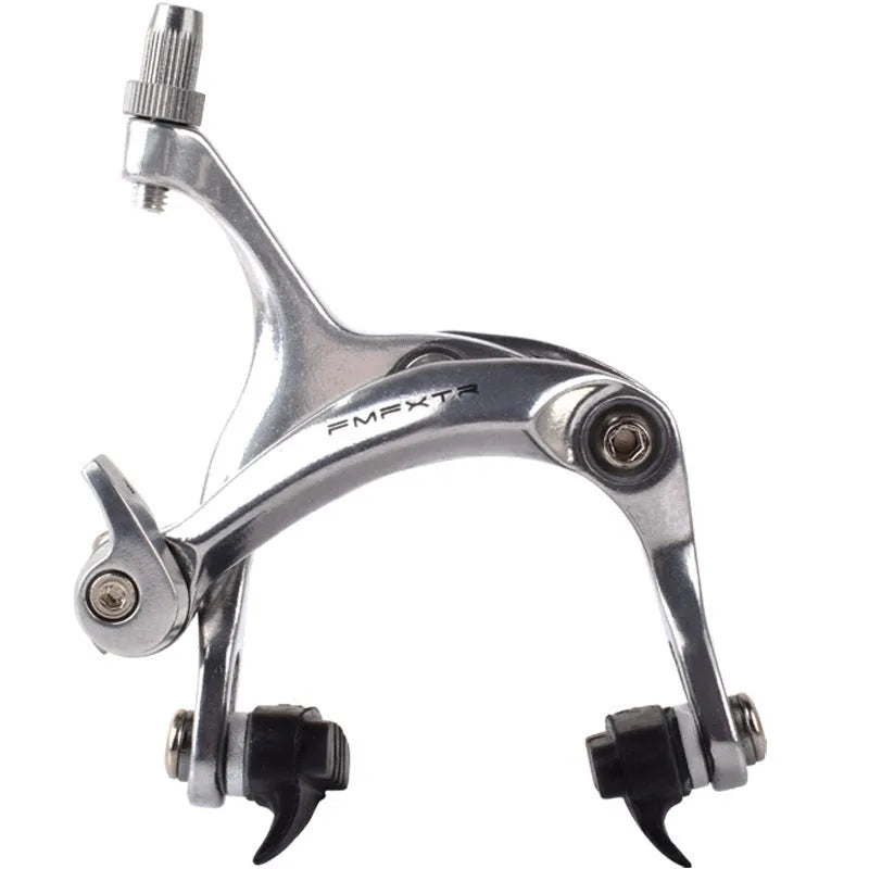 A pair of black and silver U-shaped metal bicycle brake clamps for road bike upgrades.