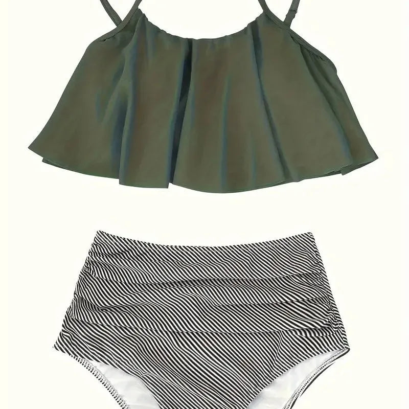 Green or orange pink women's swimsuit with ruffles, high waist, conservative split