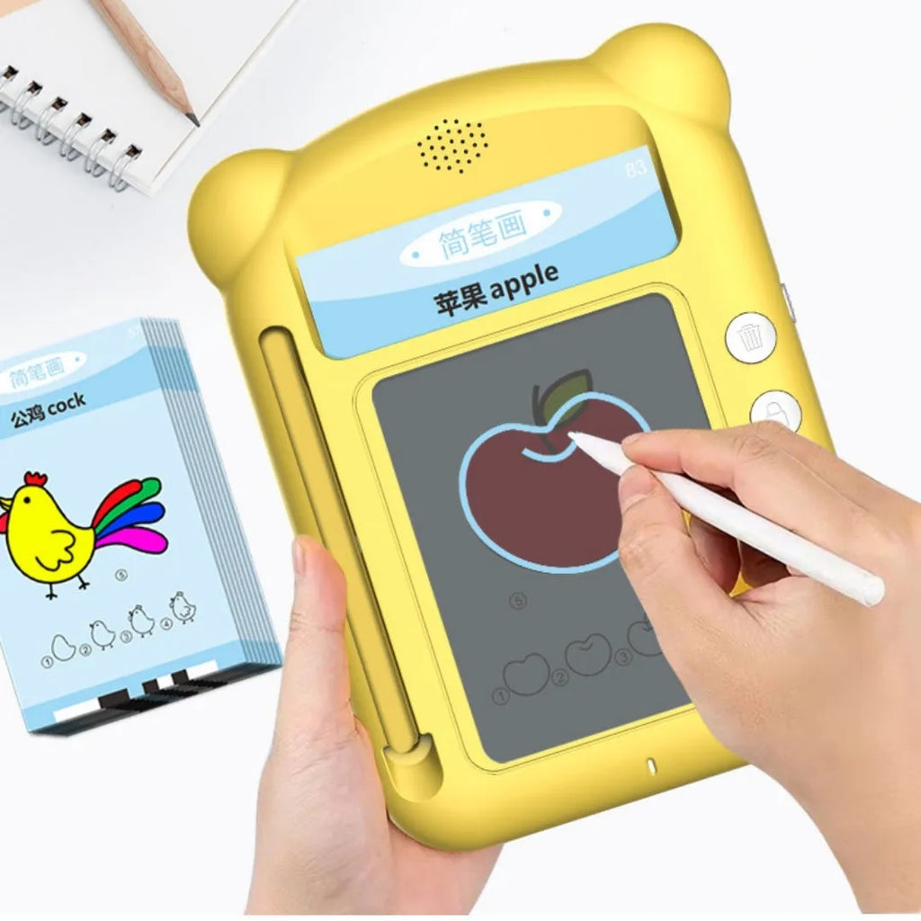 Yellow Creative Stick Figure Early Learning Machine V3 with educational cards on table