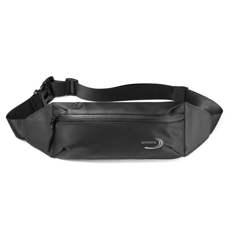 Men's blue waterproof sports waist bag showing 45cm length and adjustable strap