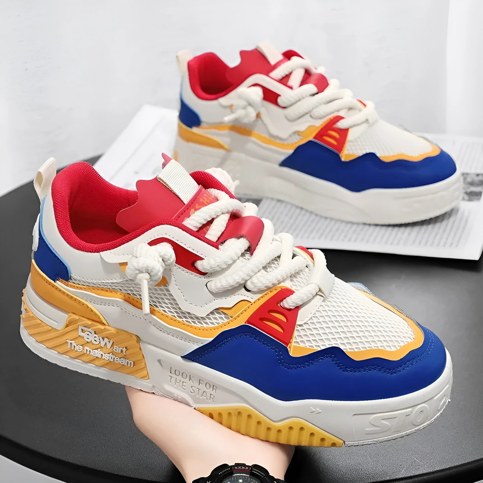 Men's low-top board shoes in white and yellow, white and black, and beige with soft rubber soles and mesh lining.