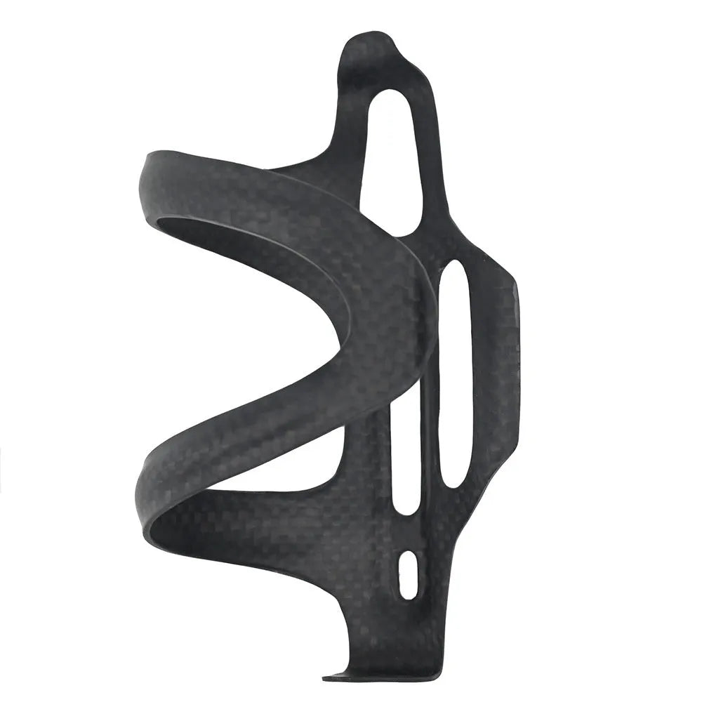 Black carbon fibre side pull water bottle cage for bicycles with 145mm height and 76mm width