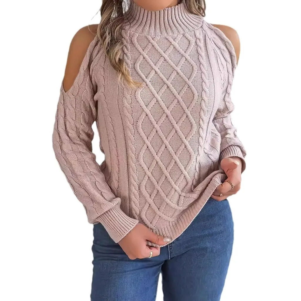 Women's strapless grey sweater with twisted pattern and lantern sleeves, half-high collar design