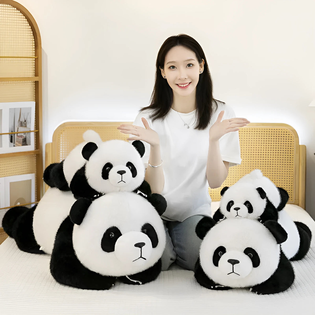 60cm lying style panda plush pillow with black and white plush fabric and PP cotton filling