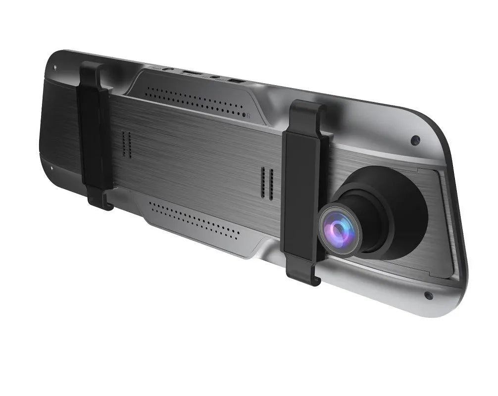 Black 10-inch touch screen driving recorder mounted as rearview mirror with wide angle lens