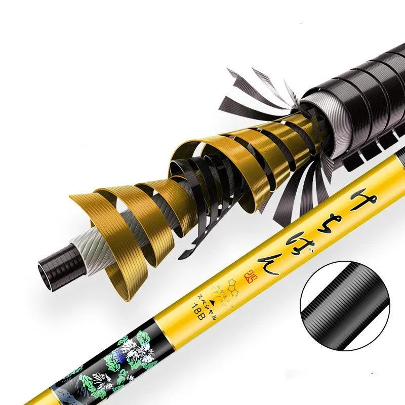 5H19 hardened carbon fishing rod with 28 fishing and 19 fishing colour options, shown in a 3.6m to 7.2m length range