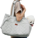 Grey pet carrier handbag with mesh panels showing cat inside, multiple pockets visible on exterior