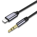 Silver nylon-braided audio cable with connectors for headphones and car adapters, shown at 1m length