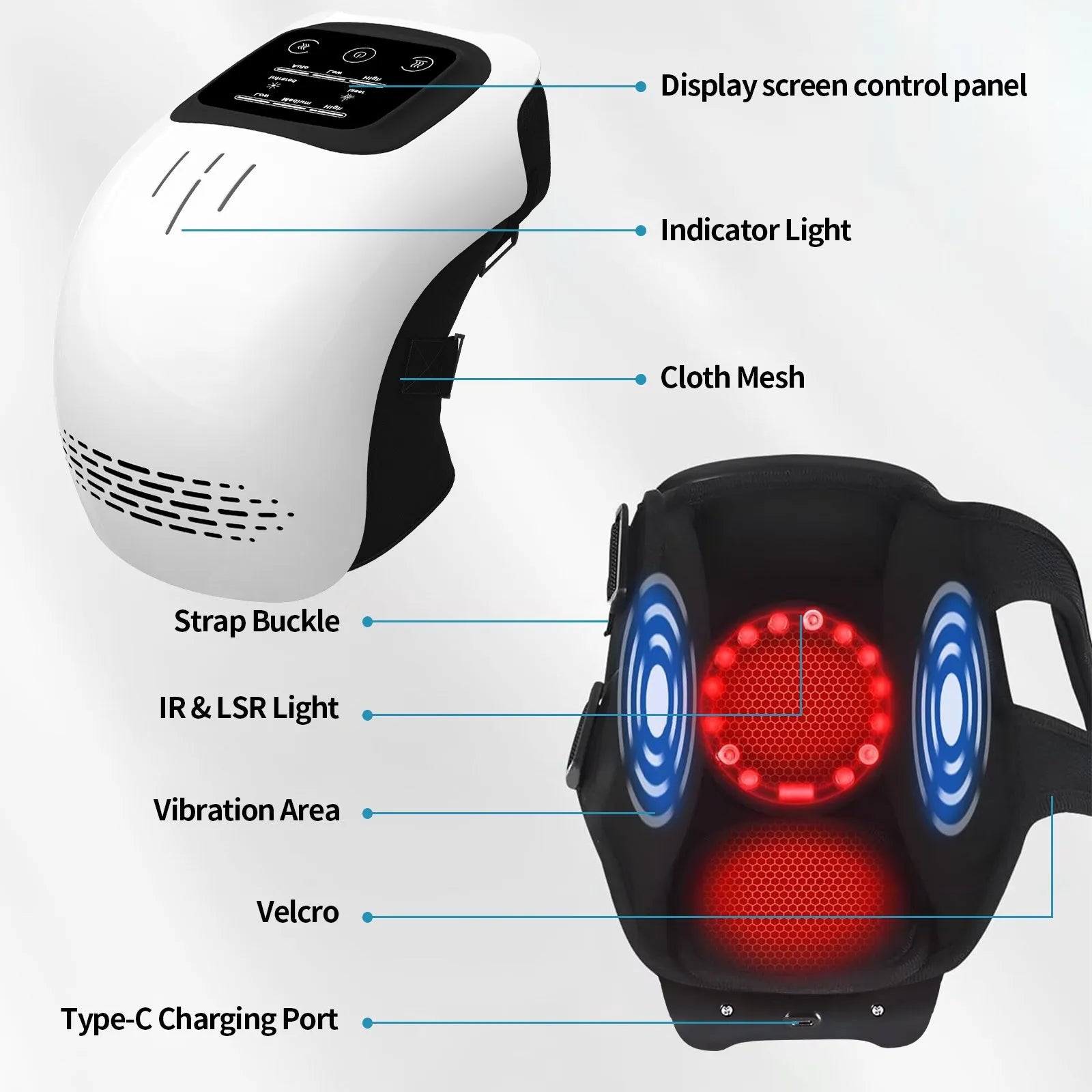 White intelligent electric knee massager with adjustable straps, showing control panel for heat and vibration settings.
