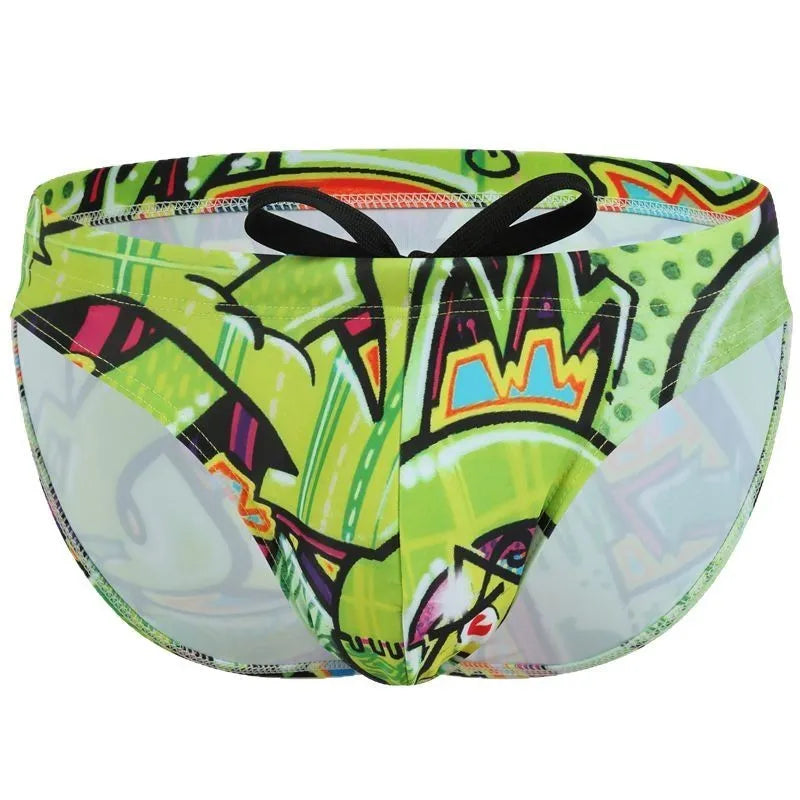 Men's printed swimming trunks in polyester showing cyber, ice cream, streamer, and skull pattern options.