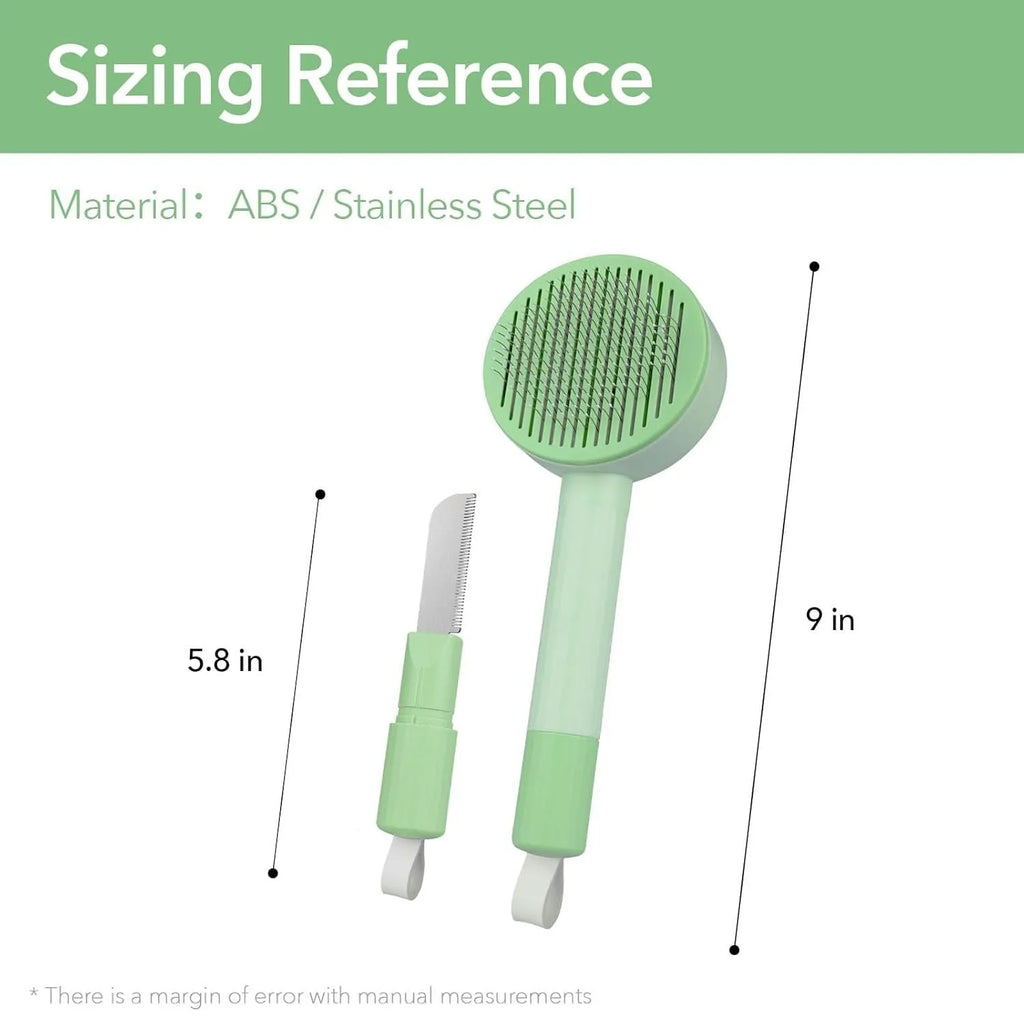 Green and yellow 2-in-1 pet grooming brush with stainless steel brush and hanging design