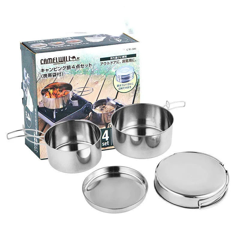 Silver stainless steel outdoor camping cookware pot set for 2-3 people