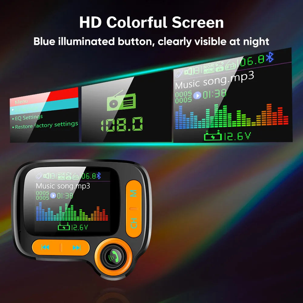 Car Bluetooth multi-function player with 1.77 inch colour screen, QC 3.0 dual USB port, and 360° hose.
