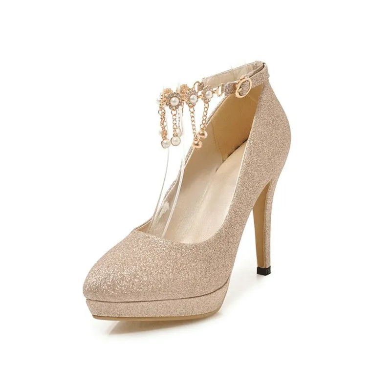 Women's platform high heels with stiletto heel in blue, pink, gold, or silver, showing cutting depth options.