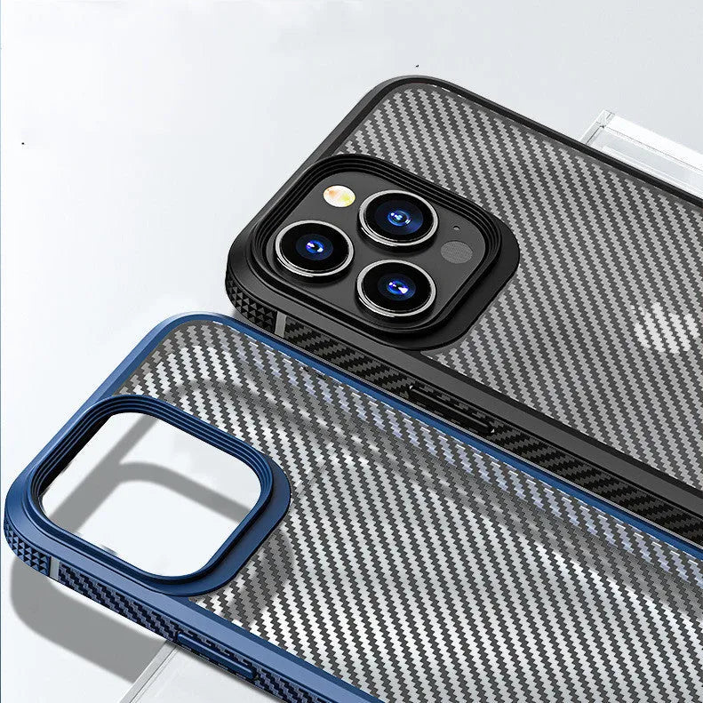 Black iPhone 13 protective case with carbon fibre pattern showing back and side view.