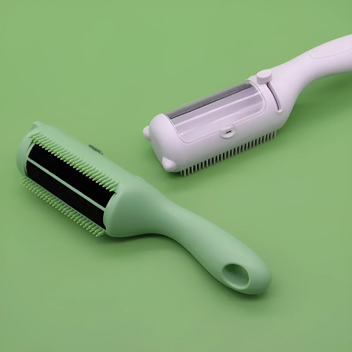 Two-in-one dog comb and hair removal roller in ABS plastic, shown in white or green colour options.