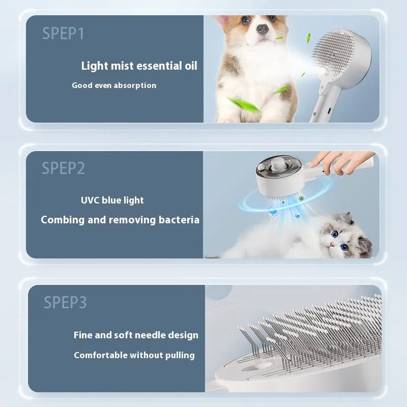 Ceramic white pet grooming comb with soft needles, UVC blue light, and a mist spray nozzle.