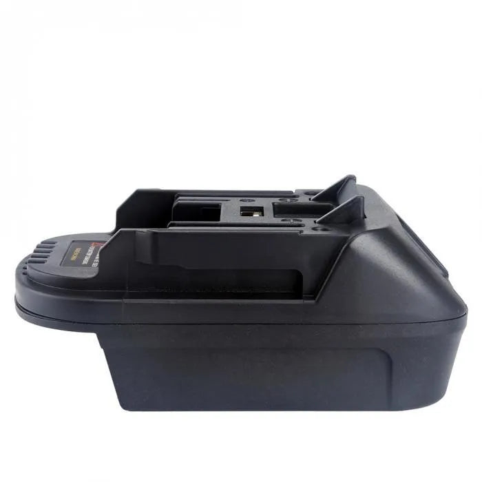 Black Milwaukee DM18M to MAKITA H99F battery adapter showing terminal connections and compact 125mm design