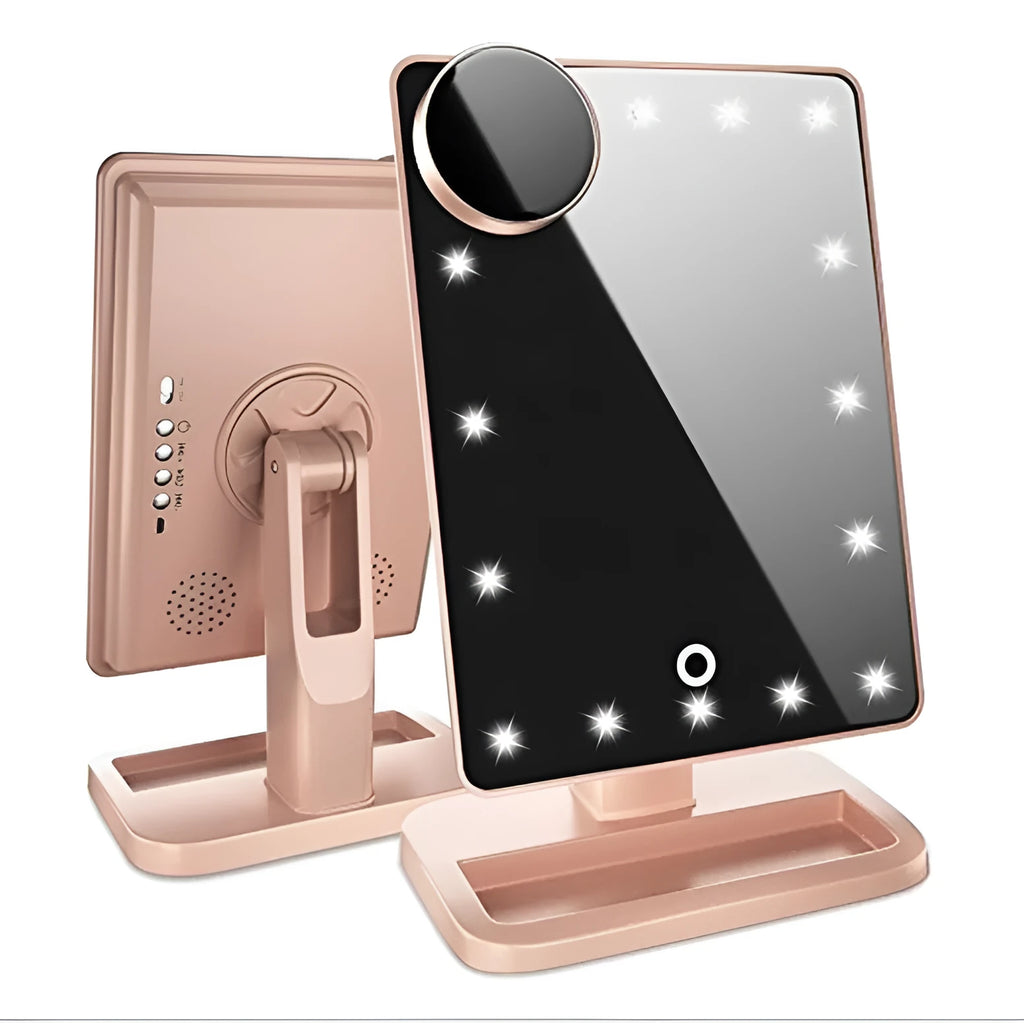 Touch screen makeup mirror with LED lights and Bluetooth speaker in multiple colour options