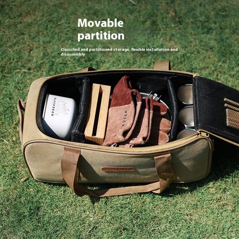 Green Oxford cloth camping kitchenware storage bag showing 16L and 35L size options for gas tanks and cookware.