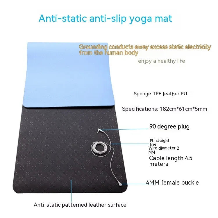 Blue conductive yoga mat with plants pattern, grounding wire, and 182 cm length for tall users