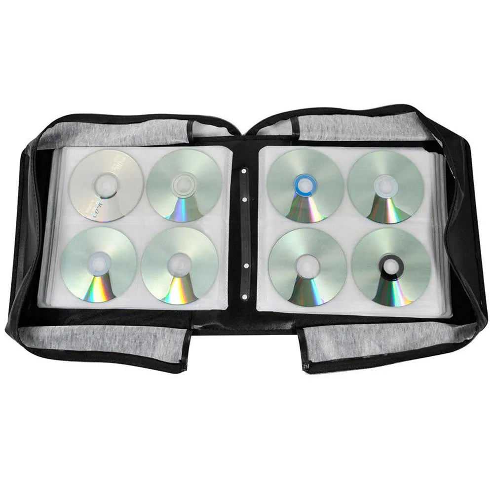 Black Oxford cloth CD DVD storage organiser bag with zipper closure and top hand strap