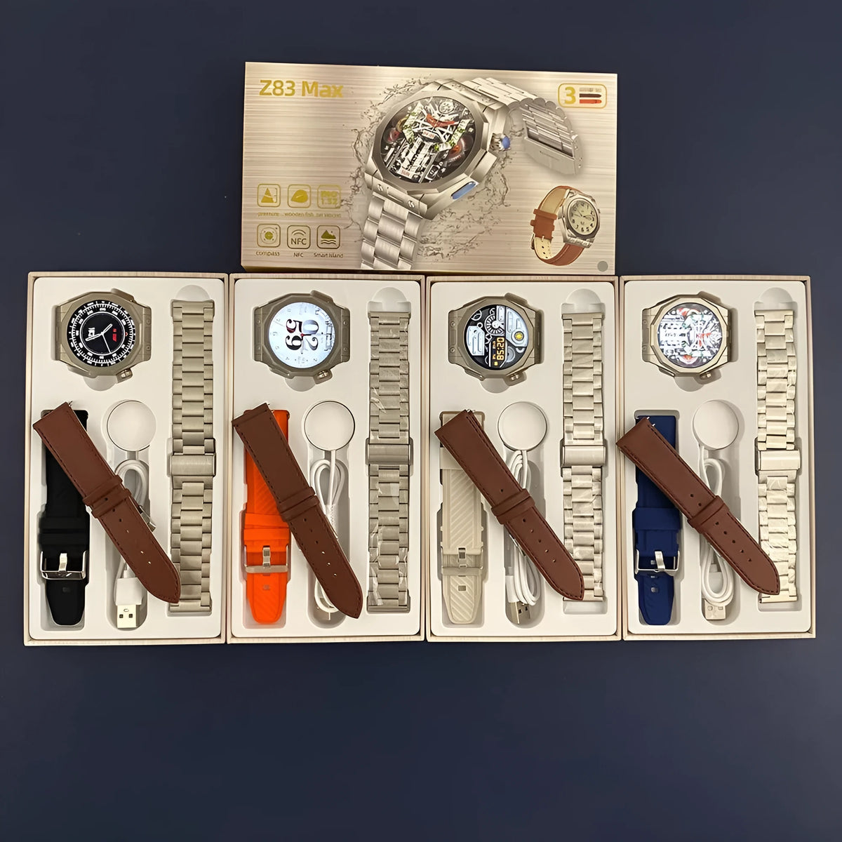 Smart watch with TFT screen and touch button, available in orange red, blue, milky white, and black, with charger and manual