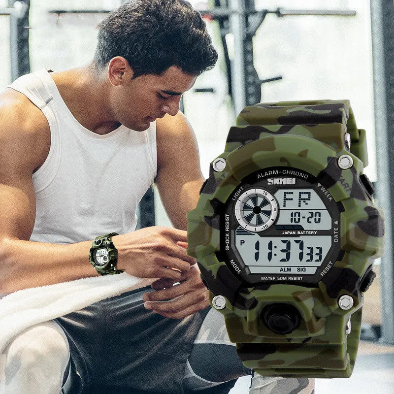 Waterproof multifunctional electronic watch with round dial, plastic strap, and 30M water resistance in various colours