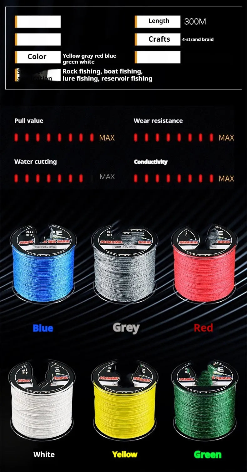 300 metre PE fishing line reel with 4-section design showing multiple colour options
