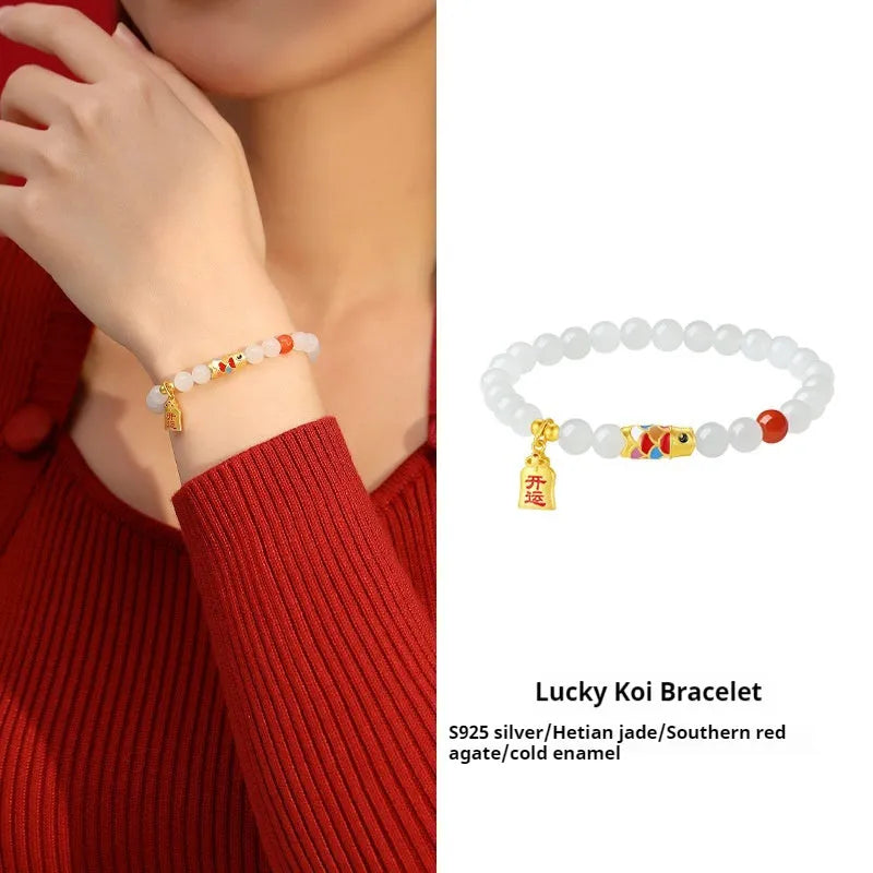 S925 sterling silver bracelet with natural Hetian jade and lucky koi cold enamel design, 6mm wide.