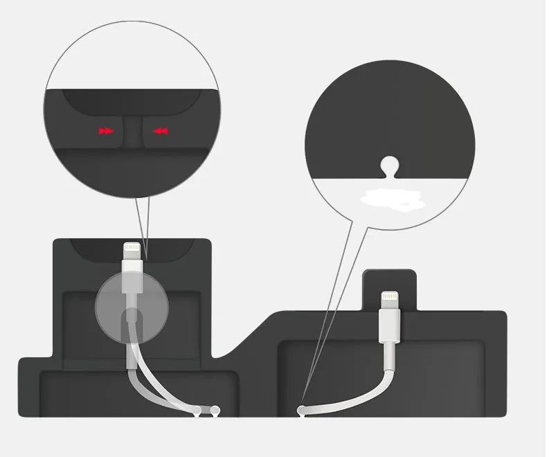 Black silicone 3-in-1 charging stand for iPhone, iWatch, and AirPods on a desk